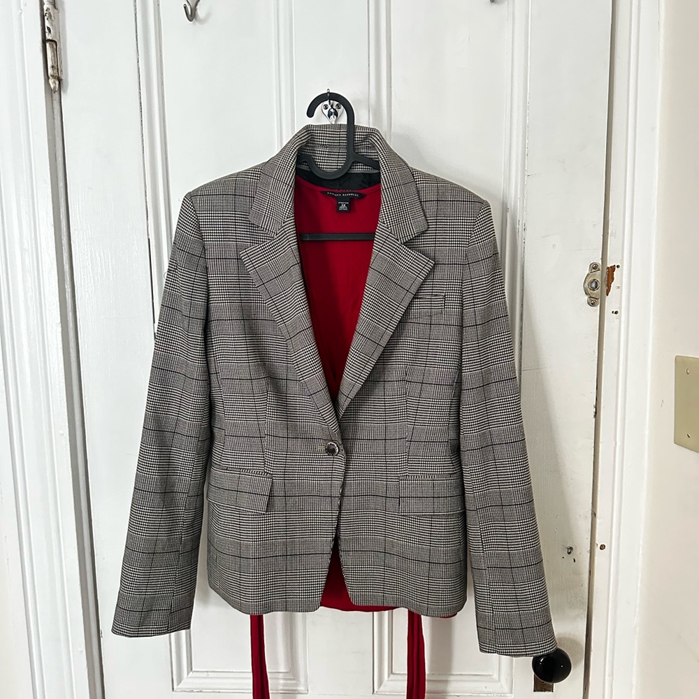 Grey and black plaid blazer by Anne Klein with silver hardware buttons